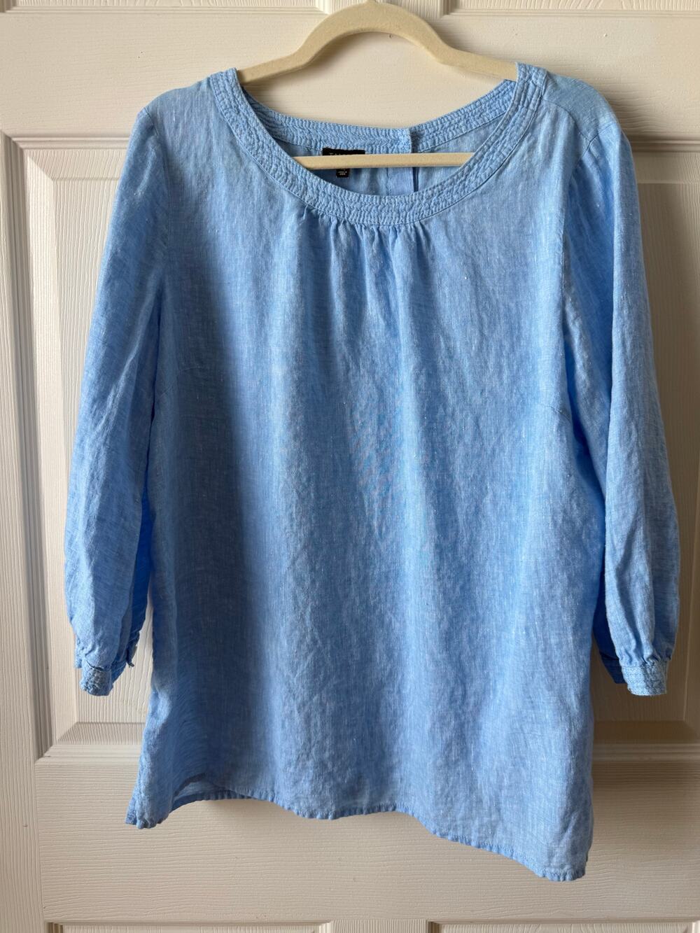 Talbots Blue Linen Peasant Blouse Coastal Ballet Neck Top Womens Size XL